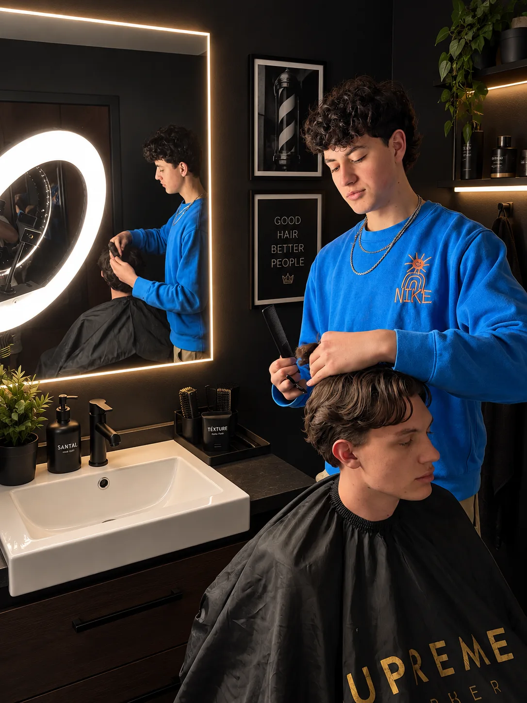 Sam cutting a client’s hair in the shop